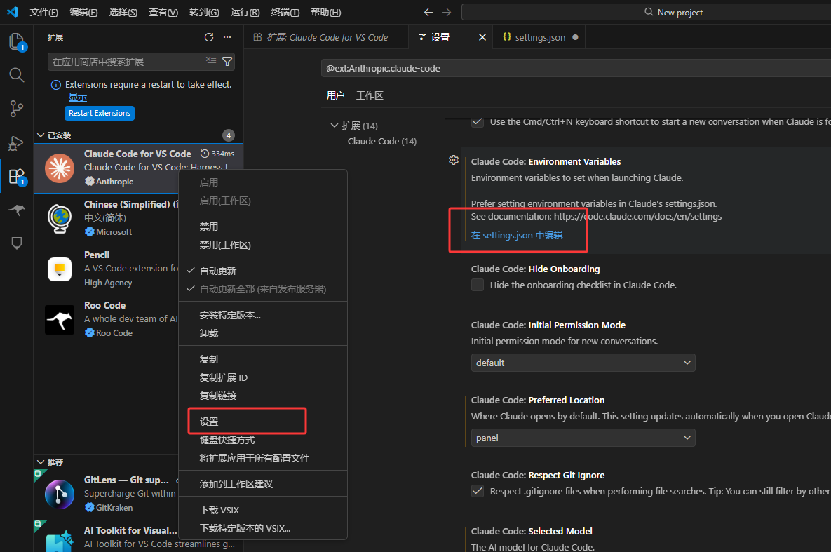 在 VS Code 中打开设置并切换到 JSON 视图