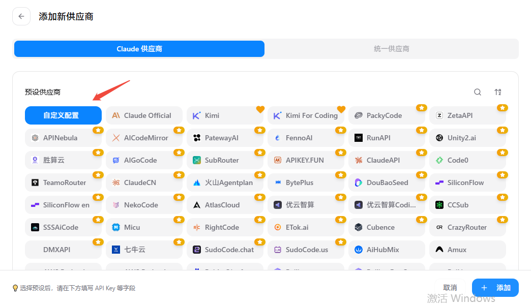 点击 Add Provider 新建供应商配置